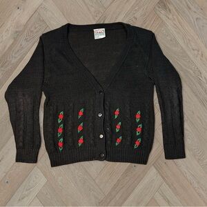 Black Romantic Cardigan Sweater with Rose Embroidery